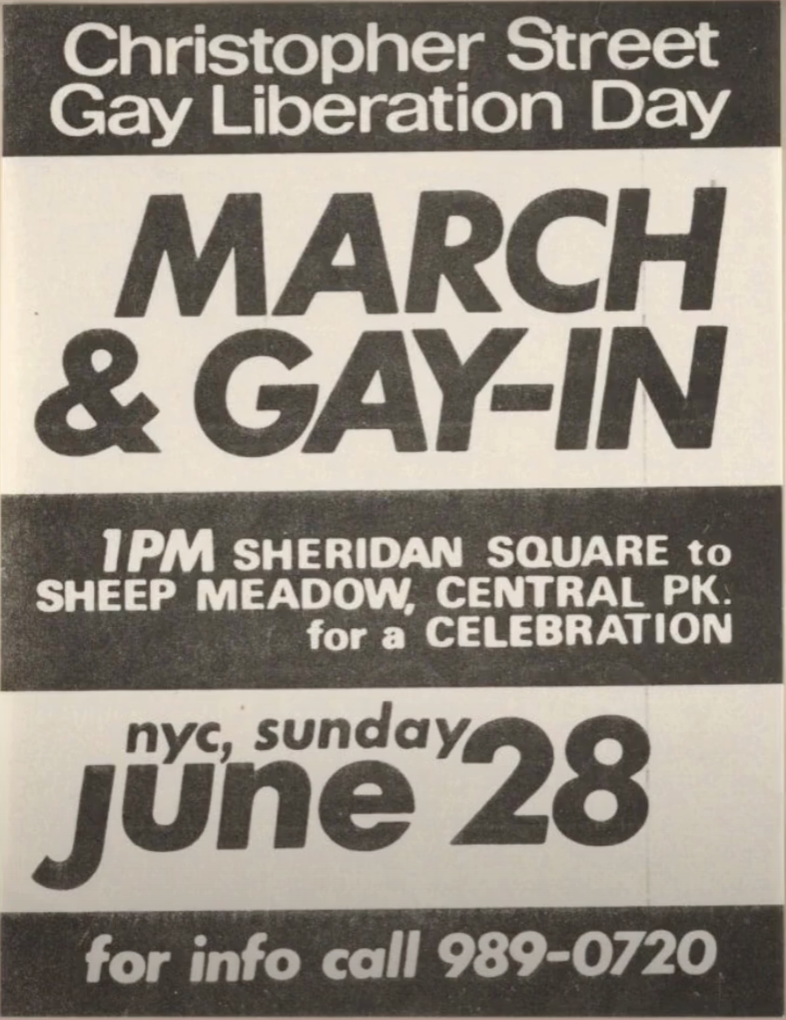 Flyer for the first NYC Pride Parade, then called the Christopher Street Liberation Day March, held in New York, New York, on June 28, 1970, to commemorate the first anniversary of the Stonewall Riots.