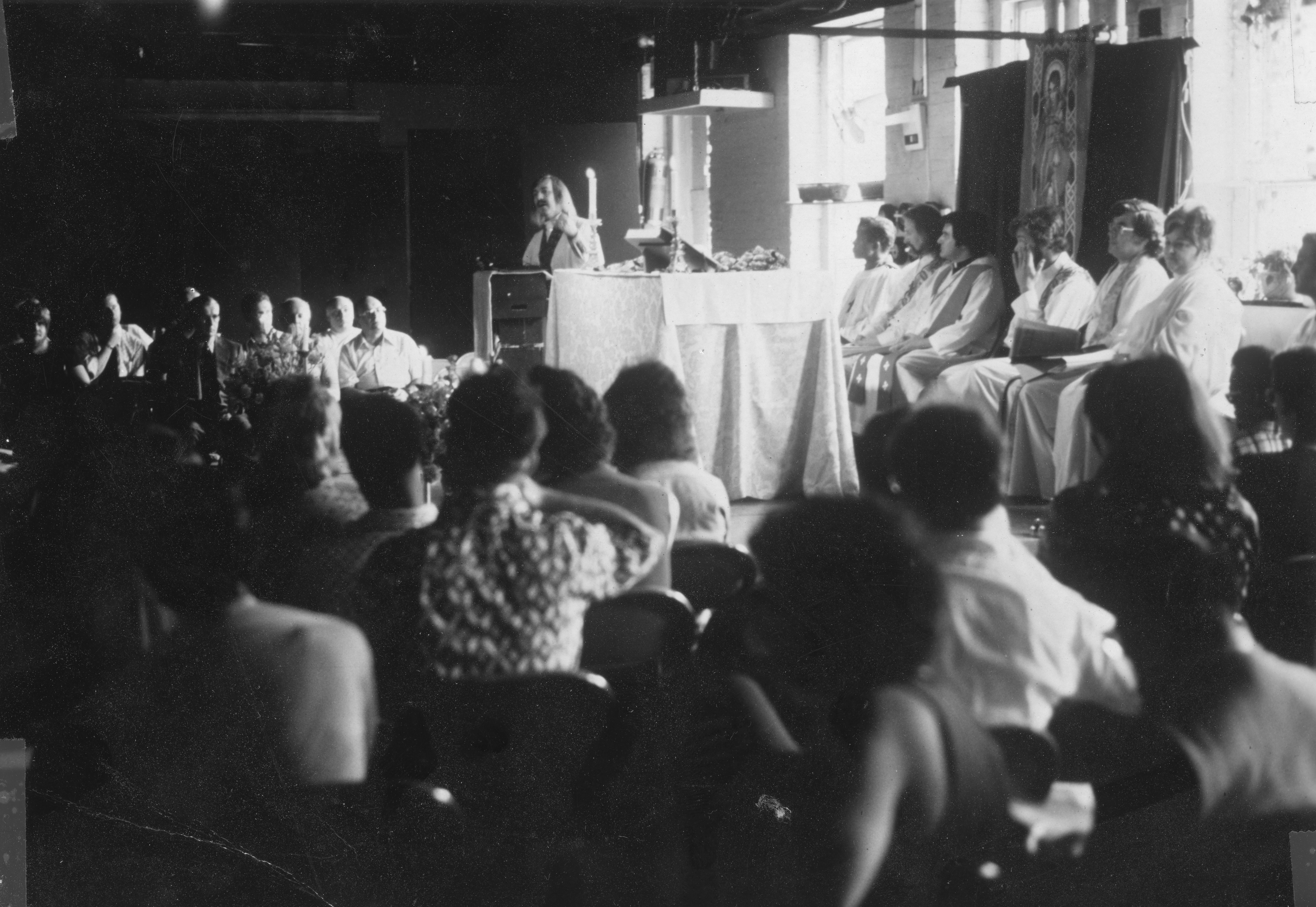 After being asked to leave the Moravian Church, the Church of the Beloved Disciple found a new home at the West Side Discussion Group, where it celebrated worship in the fall of 1973. The congregation's move reflects the challenges faced by LGBTQ-affirming religious communities in securing stable worship space during the early years of the gay liberation movement. Despite repeated displacement, the church continued to celebrate the Eucharist and expand its ministry, demonstrating the resilience and determination of its members to create a spiritual home for LGBTQ people.