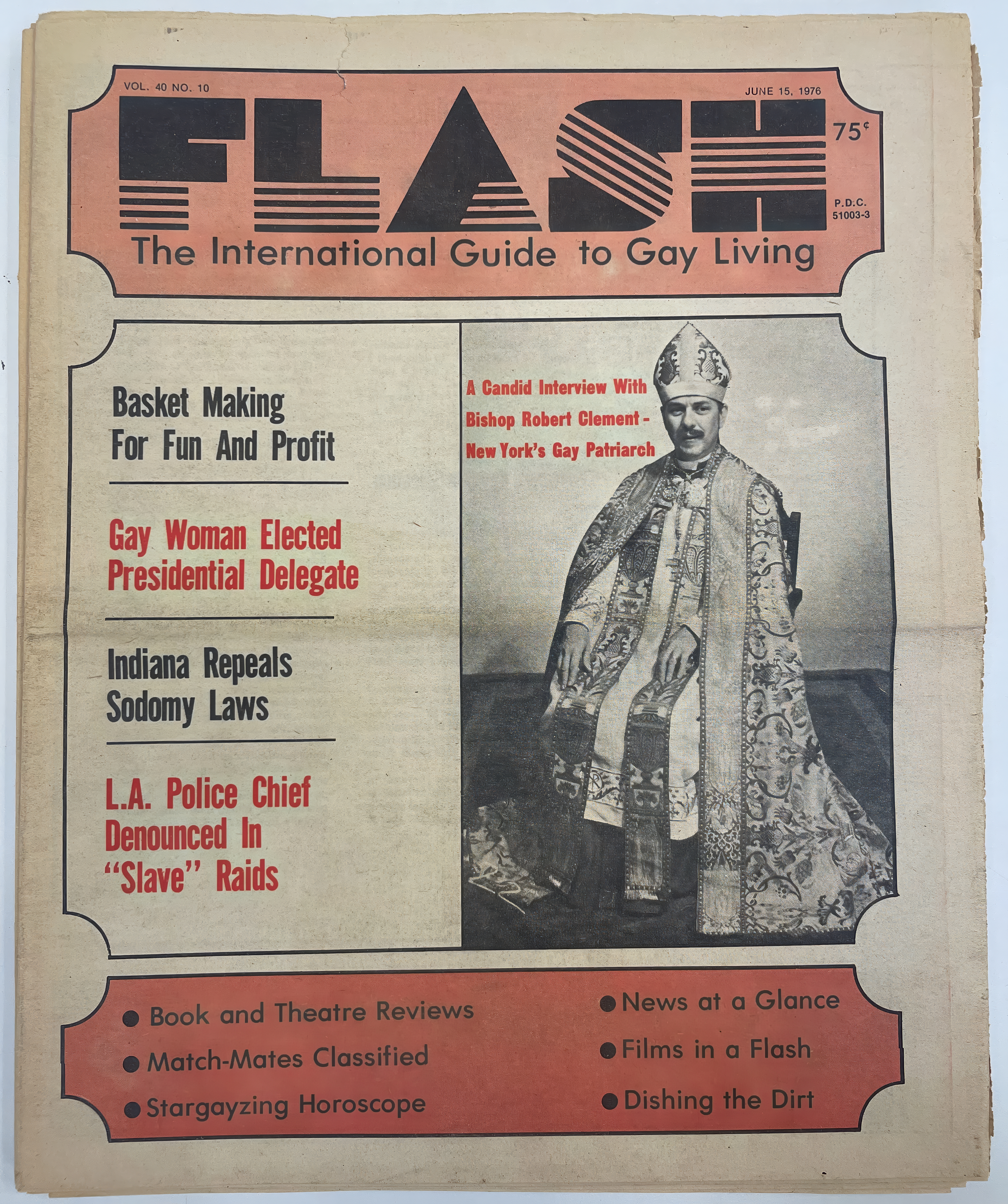 The cover of the June 15, 1976, issue of FLASH: The International Guide to Gay Living features Bishop Robert Mary Clement under the headline, "A Candid Interview with Bishop Robert Clement – New York's Gay Patriarch." Published during a period of increasing LGBTQ visibility following the Stonewall uprising, the magazine introduced Clement and the Church of the Beloved Disciple to a national LGBTQ readership. The feature reflected the church's growing prominence as one of the best-known sacramental ministries serving gay and lesbian Christians, highlighting Clement's conviction that LGBTQ people deserved full participation in the sacramental life of the Church without renouncing either their faith or their identity.