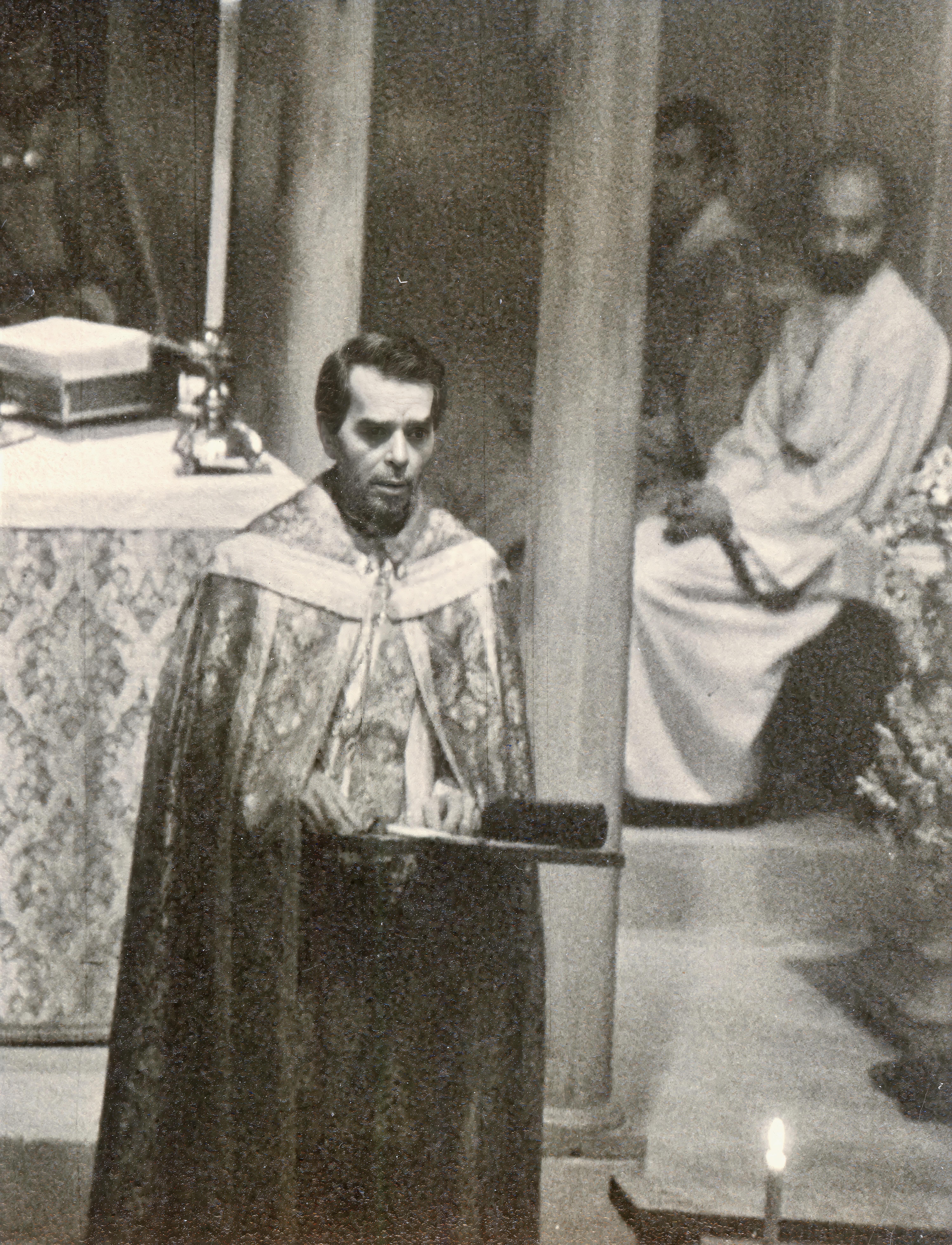 Archbishop George Augustine Hyde delivers the homily during the celebration of the first anniversary of Archbishop Robert Mary Clement's episcopal consecration at the Church of the Beloved Disciple in October 1975. Hyde, Archbishop of the Orthodox-Catholic Church of America and one of Clement's close allies, was the featured guest preacher for the anniversary liturgy. His presence affirmed the close relationship between the two bishops and highlighted the ecclesial heritage of the Church of the Beloved Disciple as a pioneering sacramental ministry serving LGBTQ Christians.