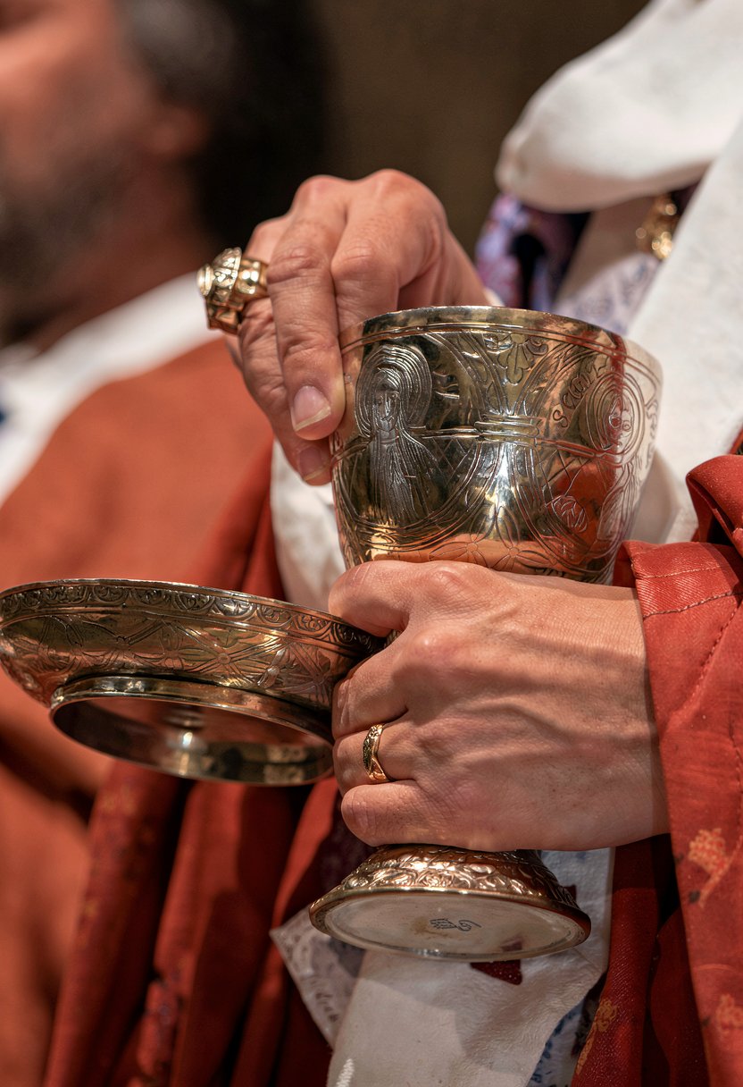 Designed by Fr. Leo Joseph, these silver Eucharistic vessels—a chalice and paten—were created for the liturgical use of the Church of the Beloved Disciple and became the congregation's principal Eucharistic vessels. The chalice is decorated with sacred figures and Christian symbols, reflecting the church's synthesis of Eastern and Western liturgical traditions. Bishop Robert Mary Clement used the vessels throughout the 1970s and 1980s. As one of the central liturgical objects of the Church of the Beloved Disciple, the chalice symbolizes the community's understanding of the Eucharist as the living Christ made available to the LGBTQ community.