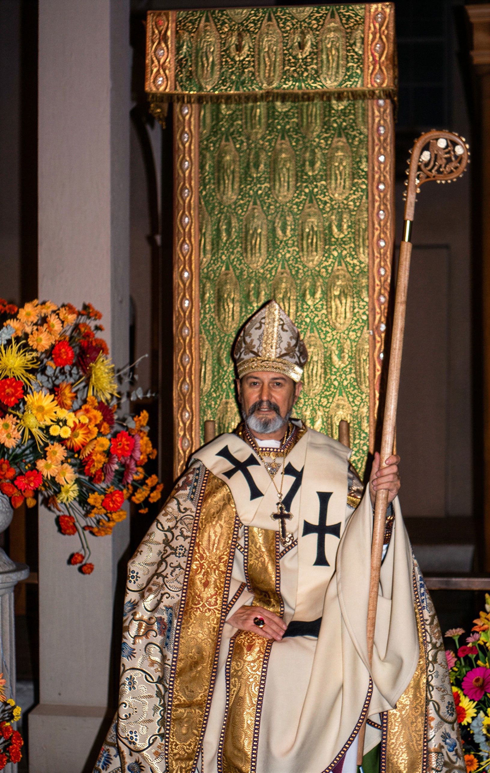Photograph of Bishop John Darcy Noble (1923–2003) in episcopal vestments holding his crozier, taken during or shortly after his consecration and enthronement as the second bishop of the Church of the Beloved Disciple on October 5, 1980. A founding member of the Church of the Beloved Disciple, Noble helped continue the church's ministry of sacramental worship, pastoral care, and advocacy for LGBTQ Christians throughout the 1980s.